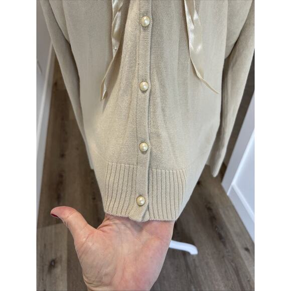 Leopard Collar Cardigan Beige Pearl Button-Up Cardigan Sz L* 50s Retro Hollywood - Picture 5 of 13